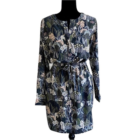 Ann Taylor Factory v-neck blue floral tie waist long sleeve dress pockets, XL - Picture 8 of 8